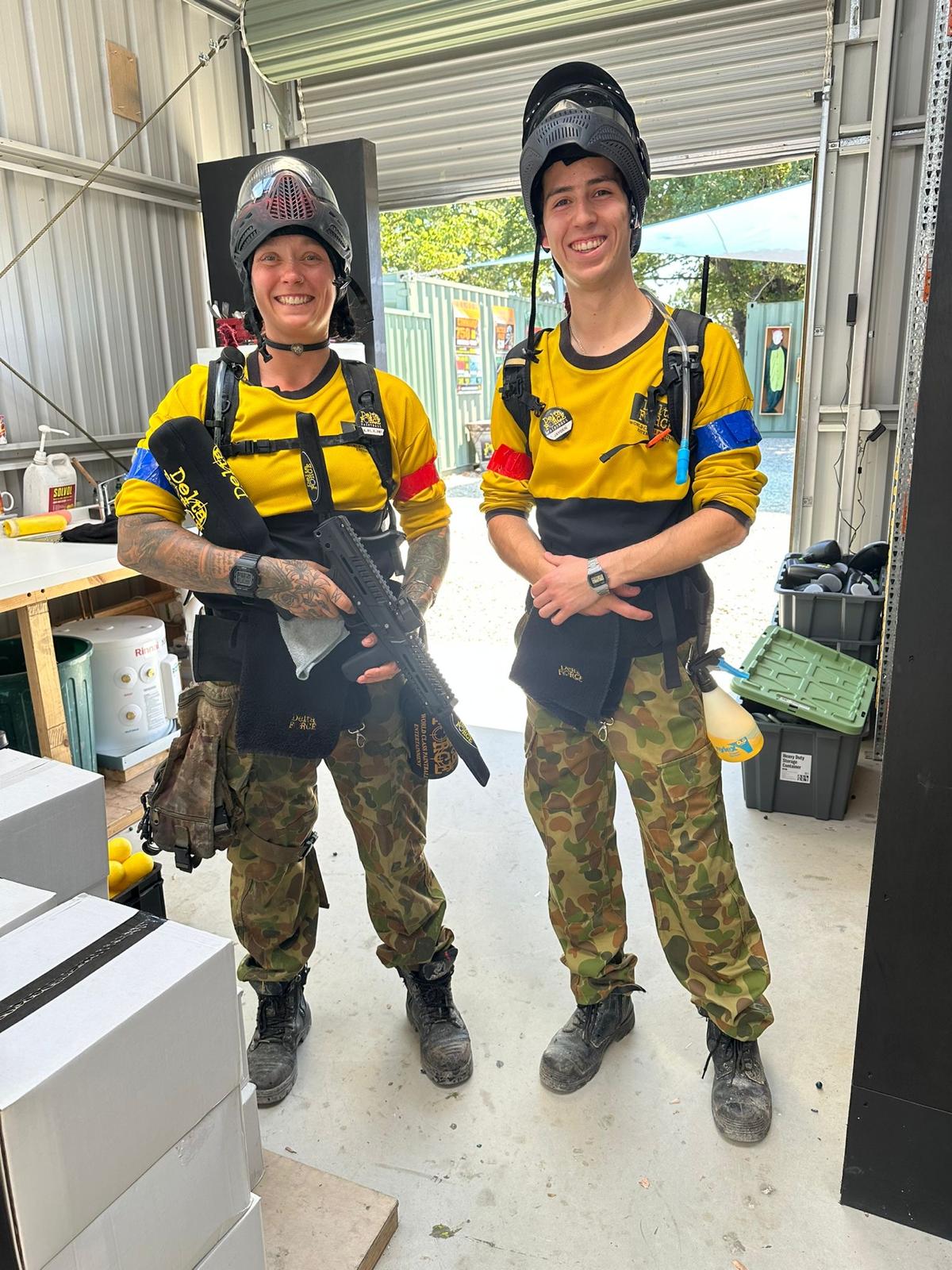 A team of Delta Force marshals wearing yellow uniforms